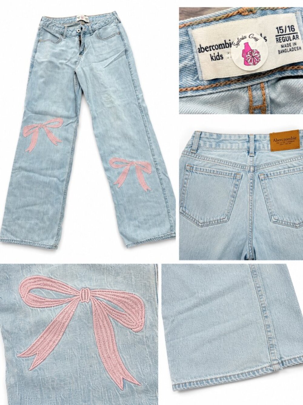 Abercrombie Kids Light Wash Bow Embroidered Wide Leg Jeans Size 15/16 Regular